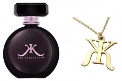 4. Kim knocked off her perfume logo. She was given a necklace by jewelry designer Korcula, and photographed wearing it. Months later the logo appeared on her signature perfume.