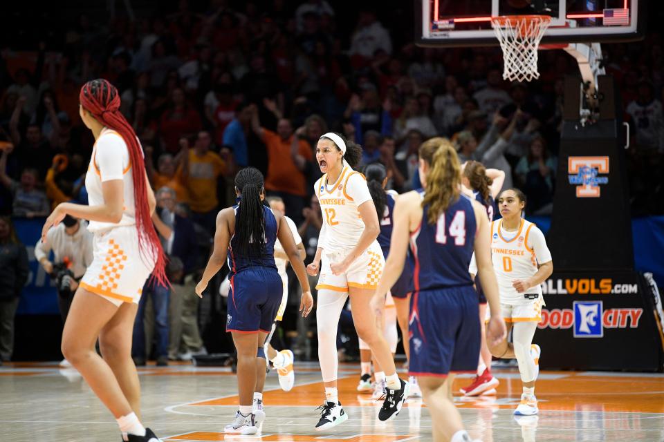 Tennessee guard/forward Rae Burrell (12) celebrates after defeating Belmont 70-67 during a second round NCAA Division I Women's Basketball Championship game at Thompson-Boling Arena in Knoxville, Tenn. on Monday, March 21, 2022.