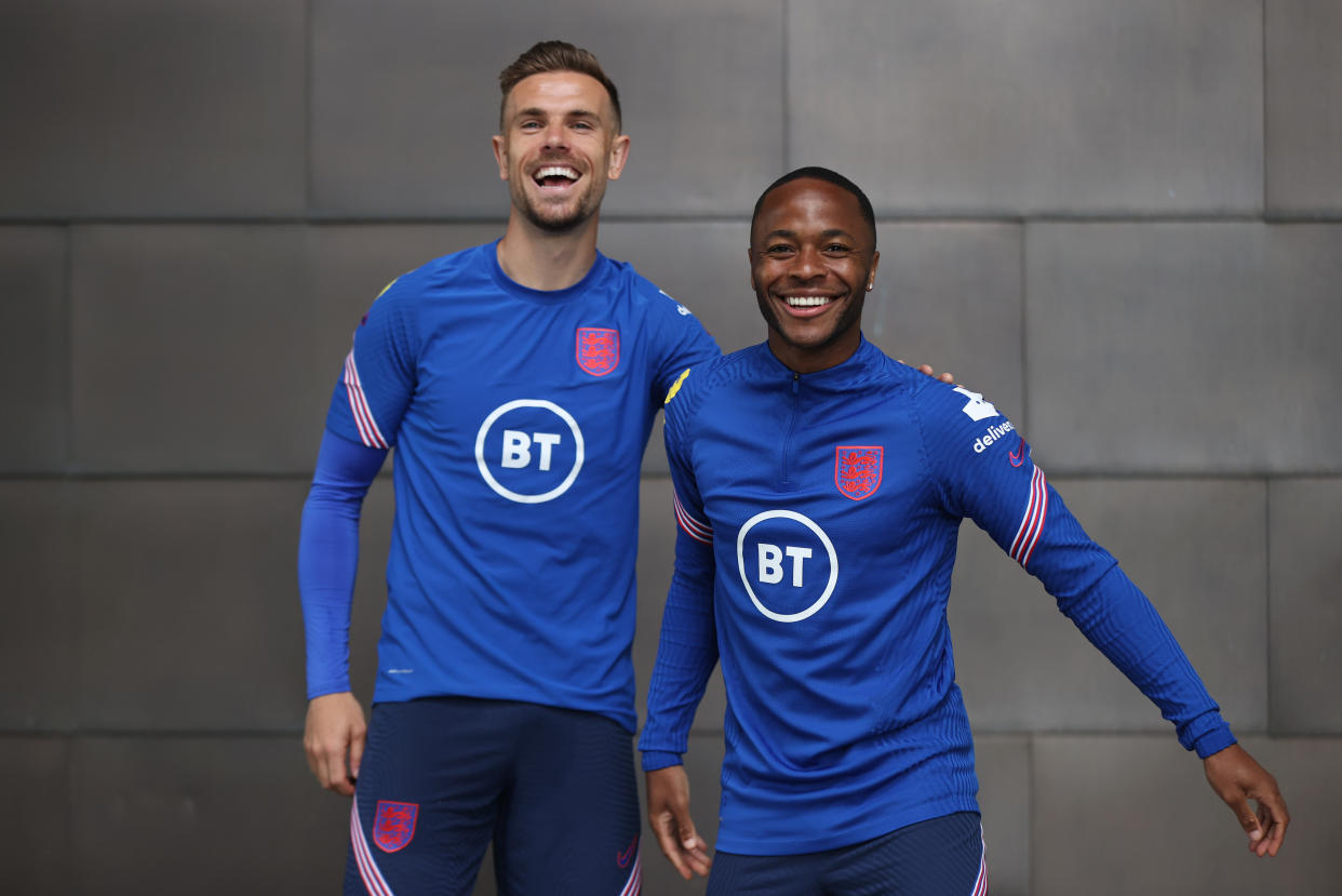 Jordan Henderson and Raheem Sterling of England pose for a photo at the England Euro 2020 Training Camp