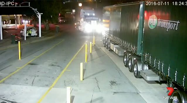 CCTV shows the semi-trailer arriving at the service centre in Nudgee. Photo: 7 News