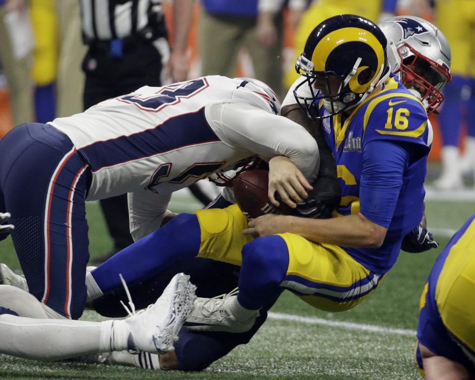New England Patriots' Kyle Van Noy (53) sacks Los Angeles Rams' Jared Goff (16) during the second half of the NFL Super Bowl 53 football game Sunday, Feb. 3, 2019, in Atlanta. (AP Photo/Mark Humphrey)