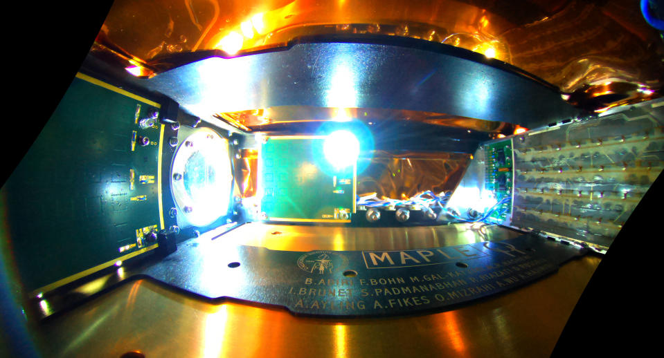 The inside of the spacecraft's power transfer test system, known as MAPLE (Microwave Array for Power-transfer Low-orbit Experiment)<span class="copyright">Courtesy of Caltech</span>