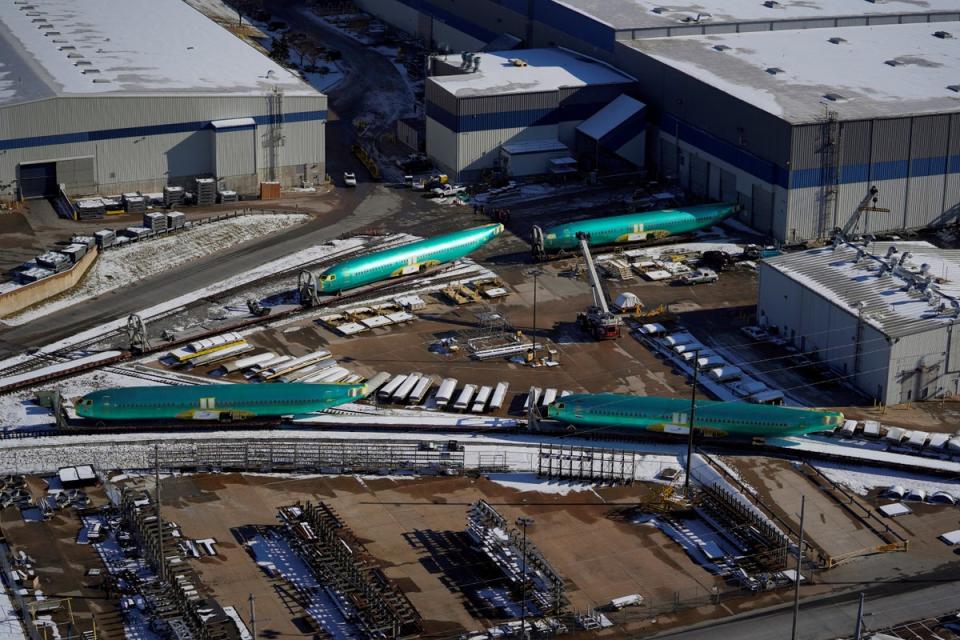 Airplane fuselages bound for Boeing's 737 Max production facility are pictured in 2019 awaiting shipment on rail sidings at Spirit AeroSystems in Wichita (REUTERS)