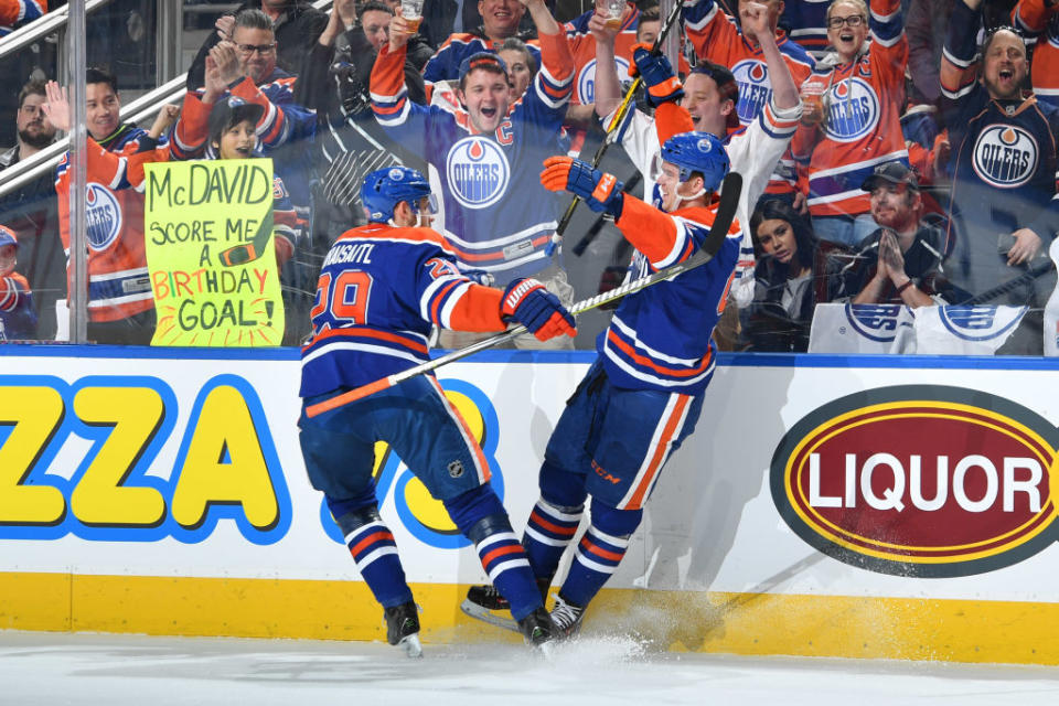 EDMONTON, AB – MARCH 28: Connor McDavid #97 and Leon Draisaitl #29 of the Edmonton Oilers celebrate after a goal during the game against the Los Angeles Kings on March 28, 2017 at Rogers Place in Edmonton, Alberta, Canada. (Photo by Andy Devlin/NHLI via Getty Images)