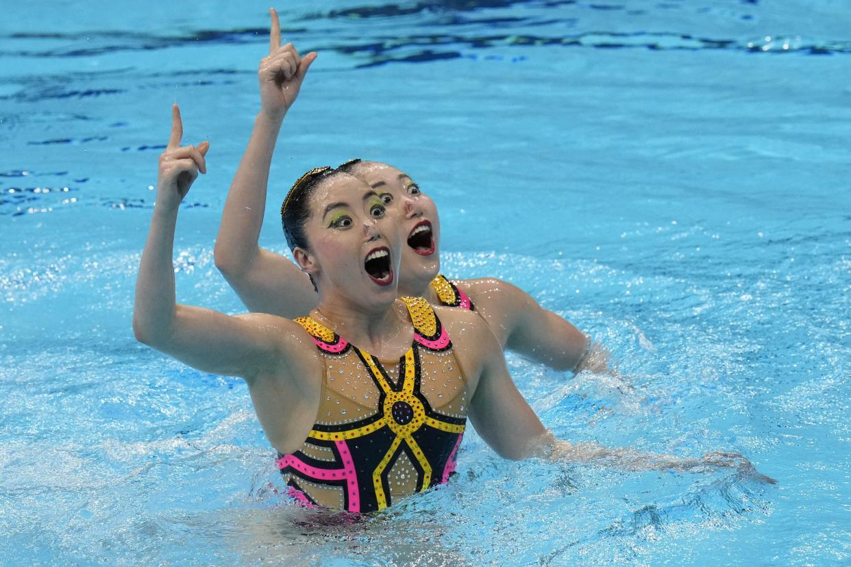 Yukiko Inui and Megumu Yoshida, of Japan, compete in the Duet Free Routine Preliminary at the Tokyo Aquatics Centre at the 2020 Summer Olympics, Monday, Aug. 2, 2021, in Tokyo, Japan.