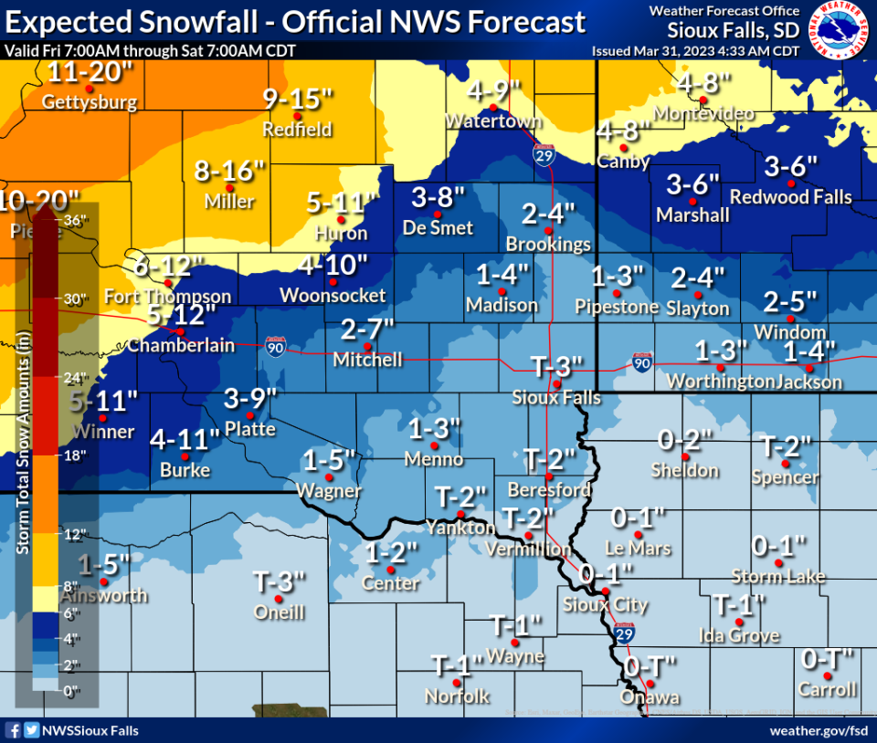 A graphic shows how much snow is expected for southeastern South Dakota as a winter storm moves through the area Friday, March 31, into Saturday, April 1, 2023.