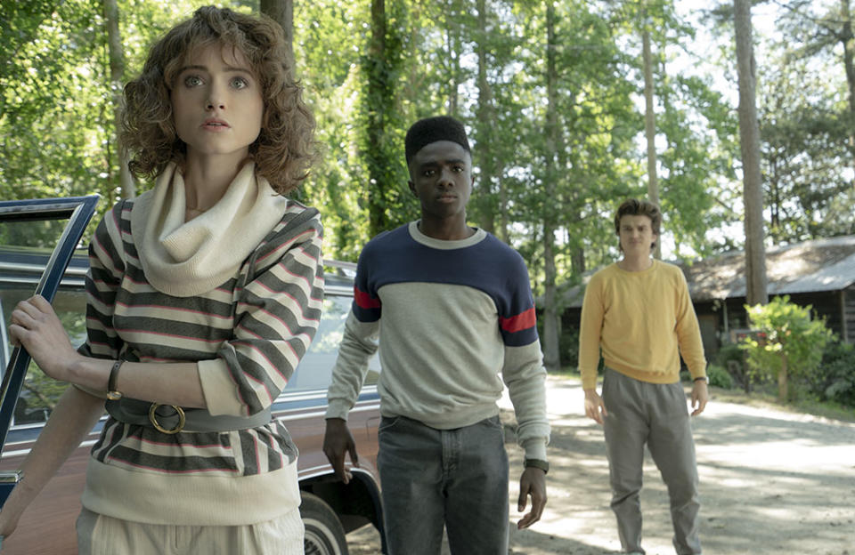 Natalia Dyer as Nancy Wheeler, Caleb McLaughlin as Lucas Sinclair and Joe Keery as Steve Harrington. - Credit: Courtesy of Tina Rowden/Netflix