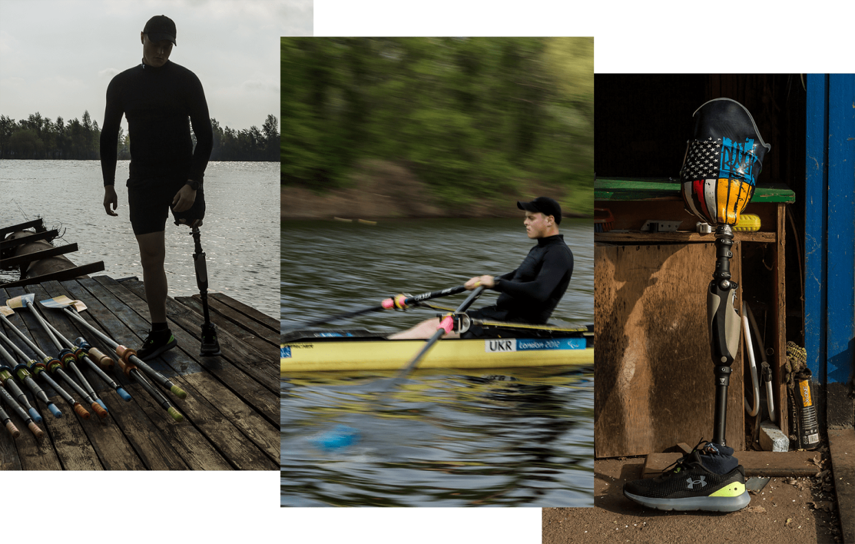 Ukrainian rower Volodymyr Dziubynskyi training on the Dnieper River in April. (Oksana Parafeniuk for NBC News)