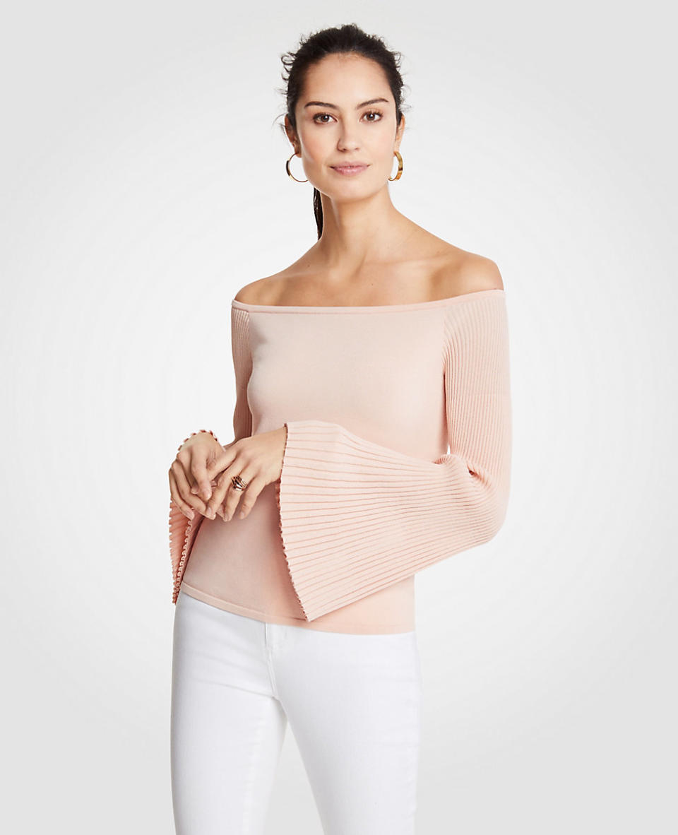 Pleat Flare Sleeve Off The Shoulder Sweater