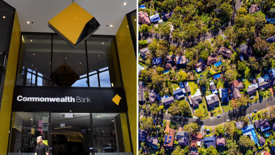 The exterior of a Commonwealth Bank branch and an aerial view of an Australian suburb.