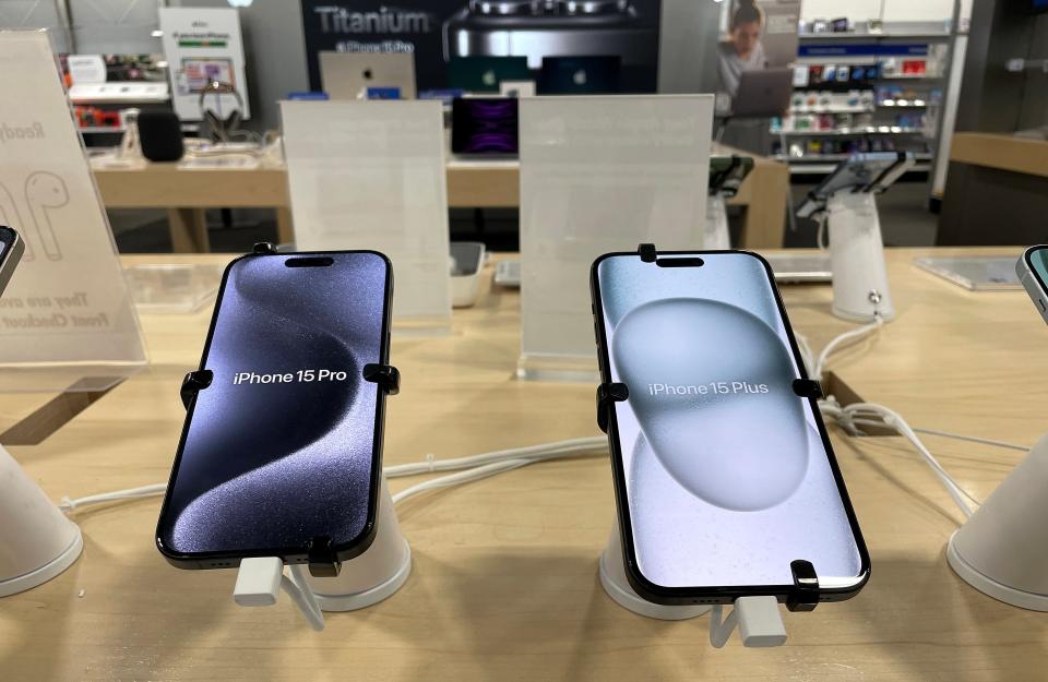 The new Apple iPhone 15 is displayed at a Best Buy Store on November 02, 2023 in San Rafael, California.