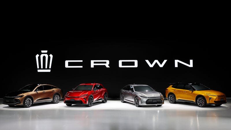 From left to right: Crown Crossover Type, Crown Sport Type, Crown Sedan Type, and Crown Estate Type. This is the full lineup of Crown variants that will go on sale in Japan.