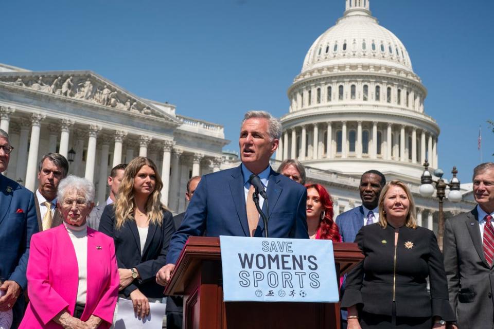 Speaker of the House Kevin McCarthy, R-Calif., speaks as he and House Republicans celebrate passage in the House of a bill that would bar federally supported schools and colleges from allowing transgender athletes whose biological sex assigned at birth was male to compete on girls or women's sports teams at the Capitol in Washington, Thursday, April 20, 2023.