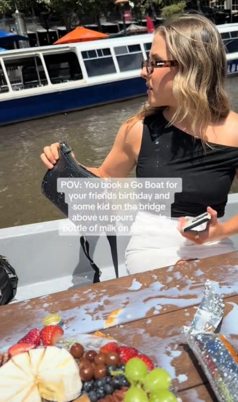 Milk was poured all over the women’s belongings and snacks in a TikTok uploaded by Veronica Burgess. tiktok.com/@veronicaburgess