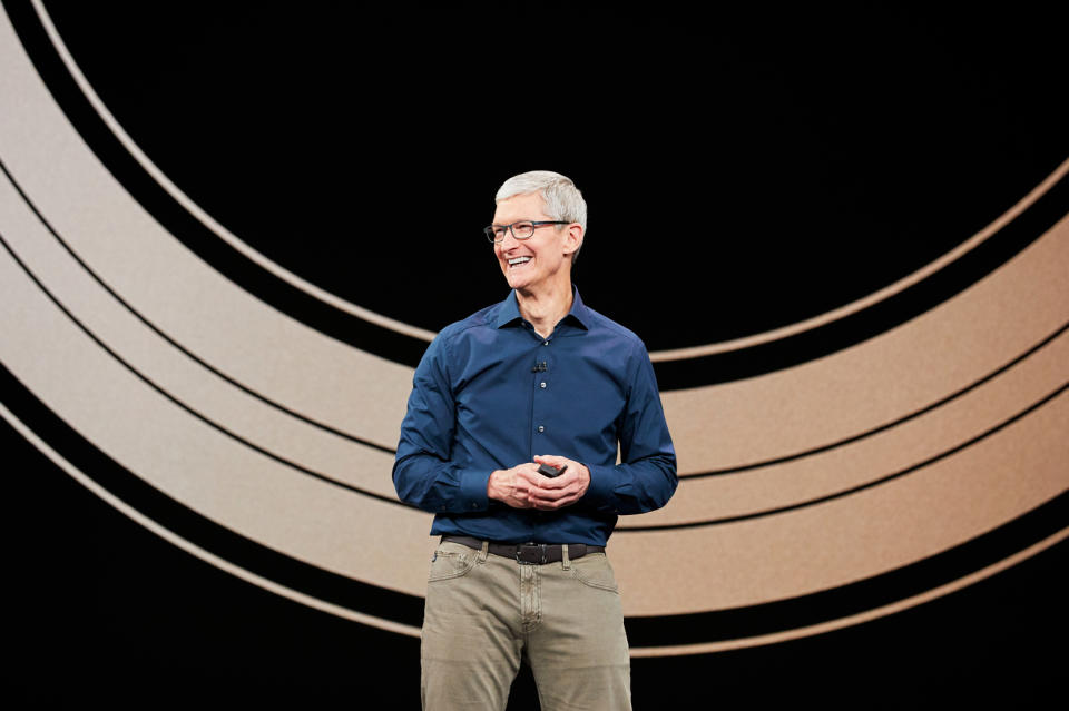 Apple CEO Tim Cook on stage at a company product launch event.