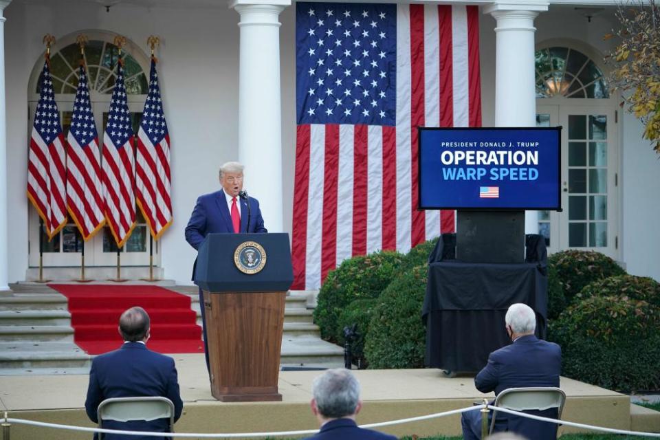 Donald Trump delivers an update on Operation Warp Speed in the Rose Garden of the White House on 13 November 2020.