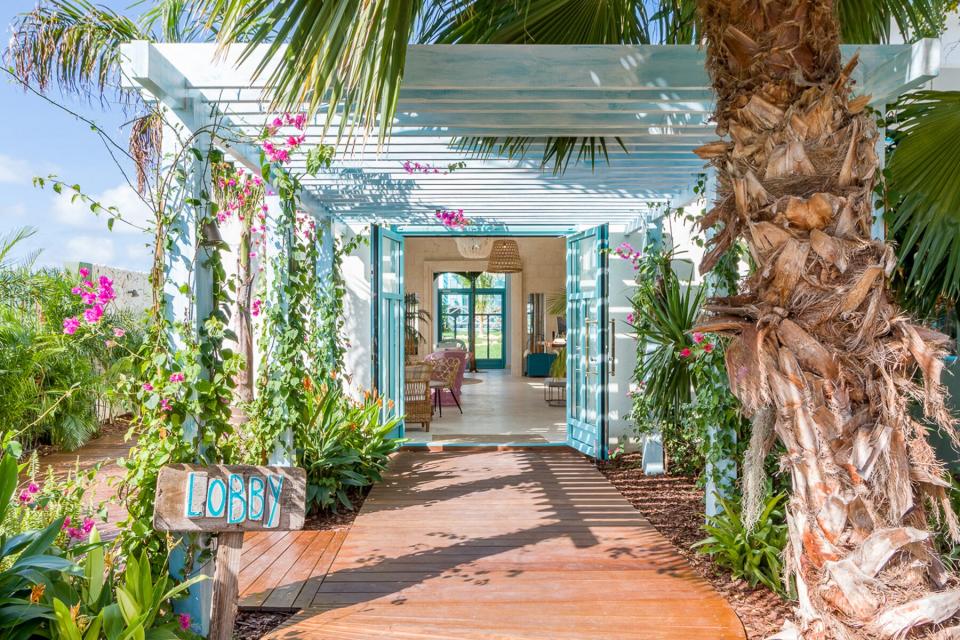 The exterior of the lobby at the Boardwalk Boutique Hotel Aruba