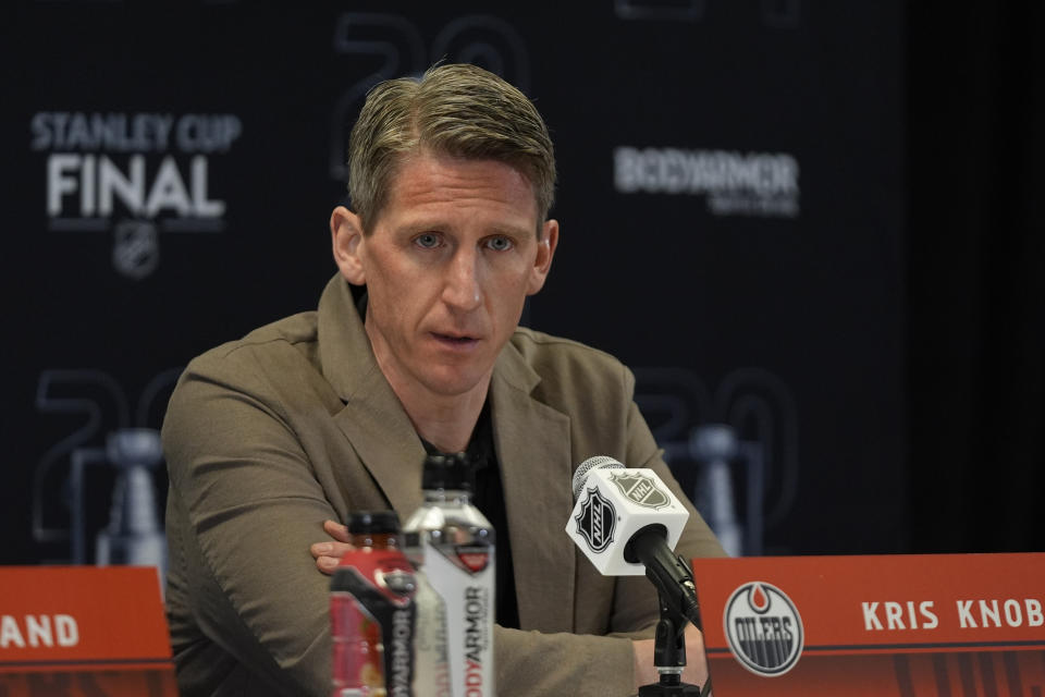 Edmonton Oilers head coach Kris Knoblauch speaks during Media Day for the Stanley Cup Finals, Friday, June 7, 2024, in Sunrise, Fla. The Oilers take on the Florida Panthers in Game 1 on Saturday in Sunrise. (AP Photo/Wilfredo Lee)