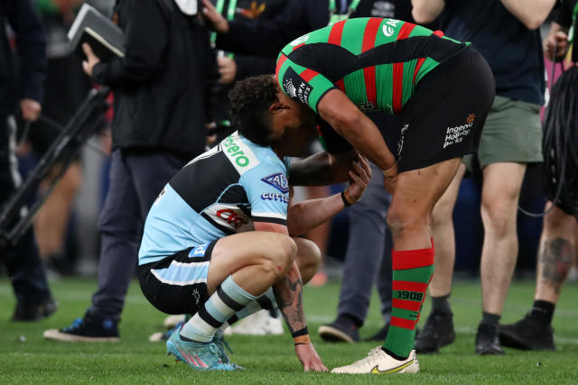 Latrell Mitchell, pictured here consoling Nicho Hynes after the Rabbitohs' victory over Cronulla.