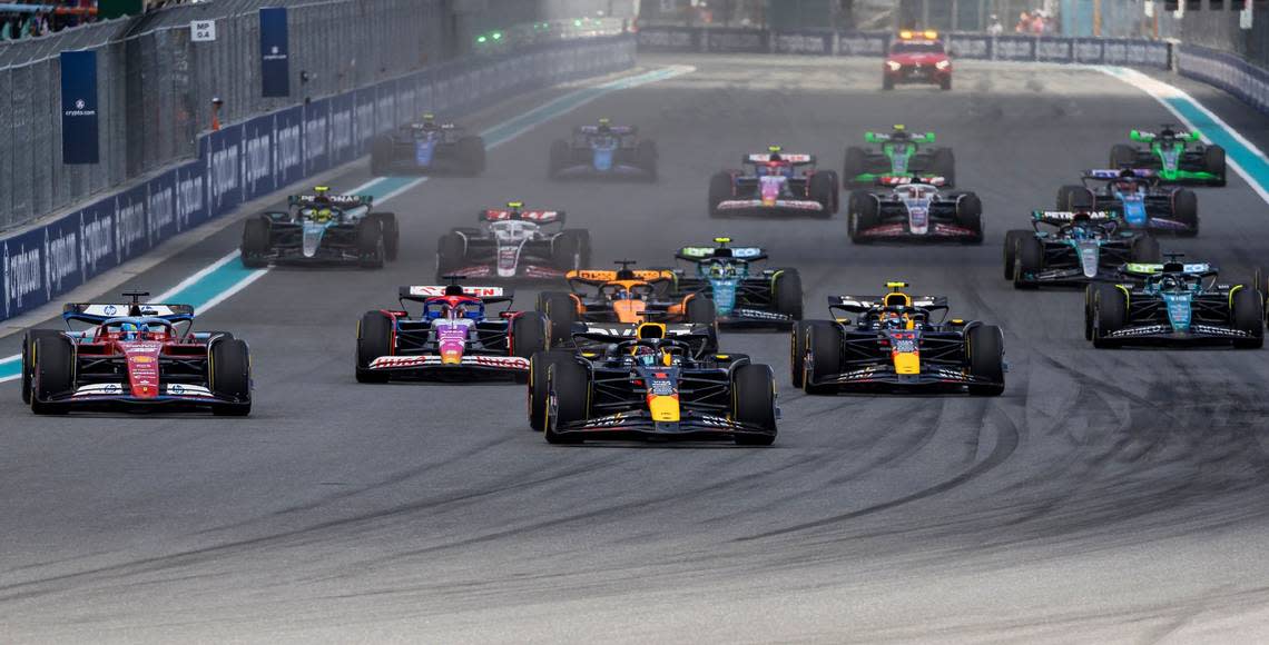 Drivers take off during the start of a Sprint race on the second day of the Formula 1 Crypto.com Miami Grand Prix weekend at the Miami International Autodrome on Saturday, May 4, 2024, in Miami Gardens, Fla. Matias J. Ocner/mocner@miamiherald.com