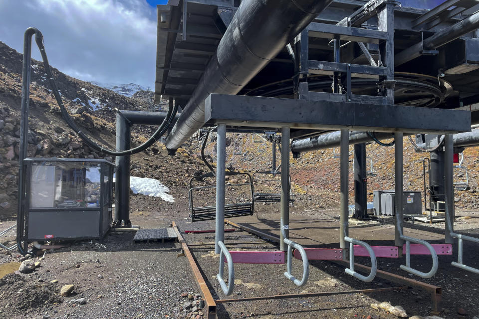 The ski slopes are almost devoid of snow at the Tūroa ski field at Mt. Ruapehu, New Zealand on Sept. 21, 2022. A disastrous snow season has left two of New Zealand's largest ski fields on the brink of bankruptcy, with climate change appearing to play a significant role. (AP Photo/Nick Perry)