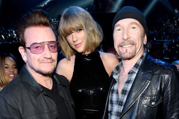 (L-R) Singer Bono of U2, singer Taylor Swift, and musician The Edge of U2 pose backstage at the iHeartRadio Music Awards which broadcasted live on TBS, TNT, AND TRUTV from The Forum on April 3, 2016 in Inglewood, California.   - Credit: Kevin Mazur/Getty Images/iHeartRadio/Turner