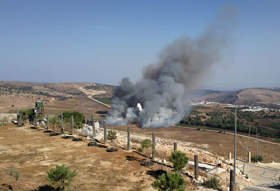 Smoke rises from Israeli army shells that landed in the southern Lebanese border village of Maroun Al-Ras, Lebanon, Sunday, Sept. 1, 2019. The Lebanese army says Israeli forces have fired some 40 shells on the outskirts of several border villages following an attack by the militant Hezbollah group on Israeli troops. (AP Photo)