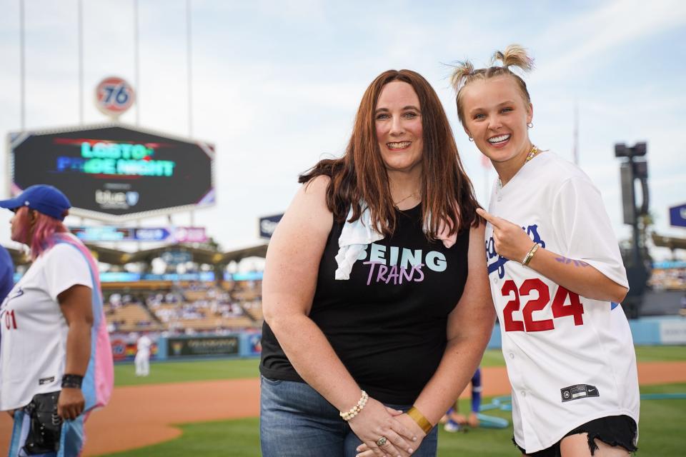 Chloe Corcoran and JoJo Siwa at the Los Angeles Dodgers' LGBTQ+ Pride Night on June 3.