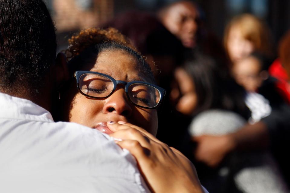 Two students hugging in Columbia, Missouri.