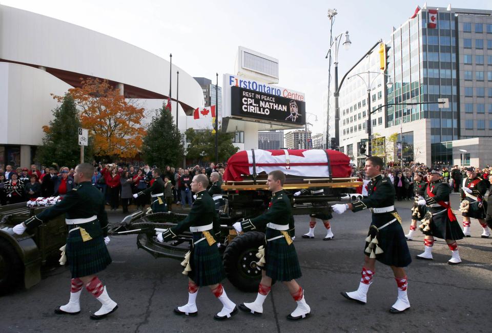 Soldiers escort the coffin during the funeral procession for Cpl. Nathan Cirillo in Hamilton