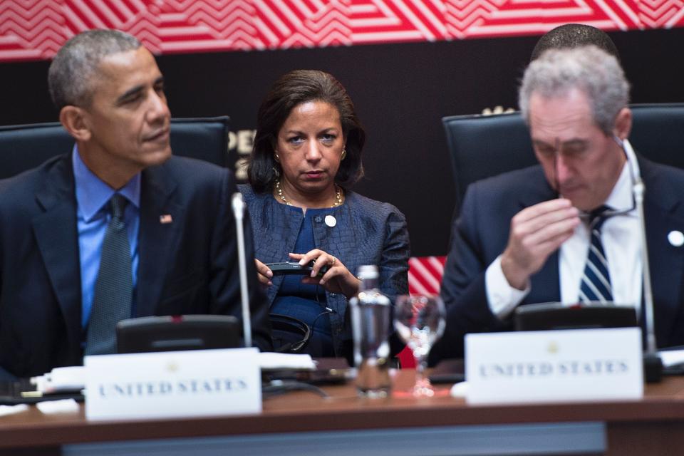 National security advisor Susan Rice (C) watches US President Barack Obama (L) and US Trade Representative Michael Froman before a meeting with Trans-Pacific Partnership Leaders during the Asia-Pacific Economic Cooperation meeting at the Lima Convention Center November 19, 2016 in Lima, Peru. (Brendan Smialowski /AFP via Getty Images)