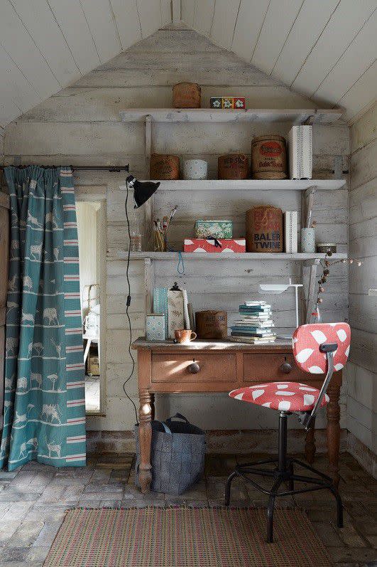 <p><strong>Vanessa says...</strong></p><p>'Here we have an office in a cleaned up shed. With a good heater and lots of insulation this is a great place to get away from the house and all the jobs it always presents to you! The jolly red Bird Hop is on the eBay vintage chair and on the curtain the whimsical animals of my daughter Rose’s Wild and Free design help to make this feel contemporary and cosy.'</p>