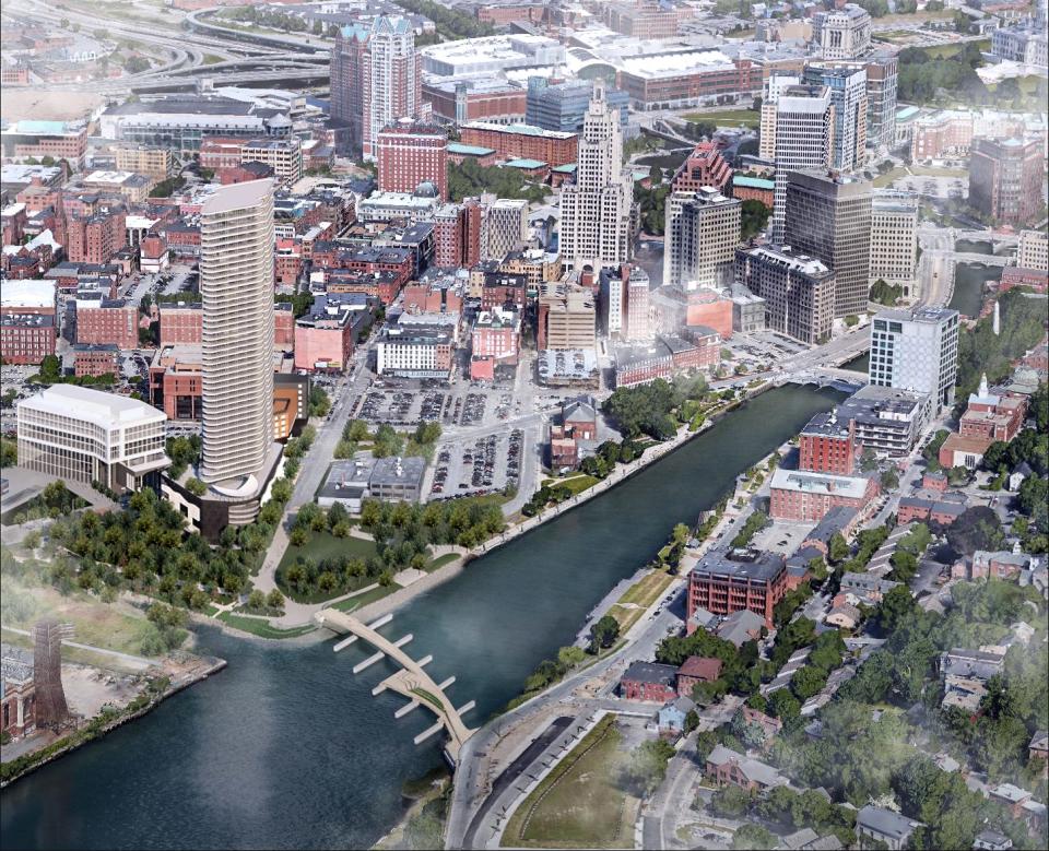 A rendering of the proposed Fane Tower, left, with downtown Providence's iconic Superman building nearby.