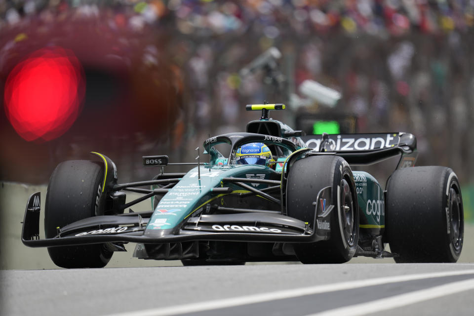 Aston Martin driver Fernando Alonso, of Spain, steers his car during a free practice in the Brazilian Formula One Grand Prix at the Interlagos race track in Sao Paulo, Brazil, Friday, Nov. 3, 2023. (AP Photo/Andre Penner)