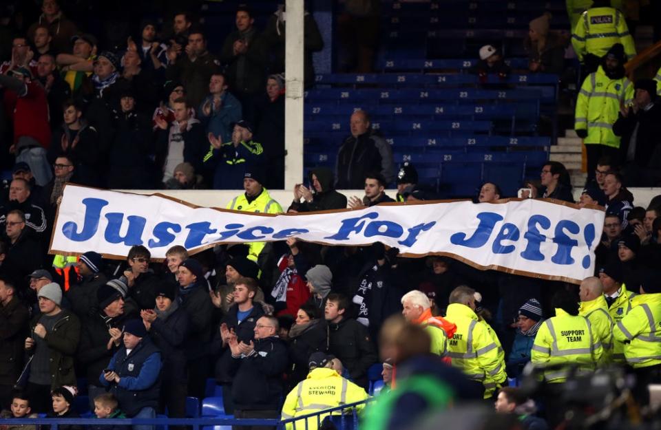 West Brom fans hold aloft a ‘Justice for Jeff’ banner (Peter Byrne/PA) (PA Archive)