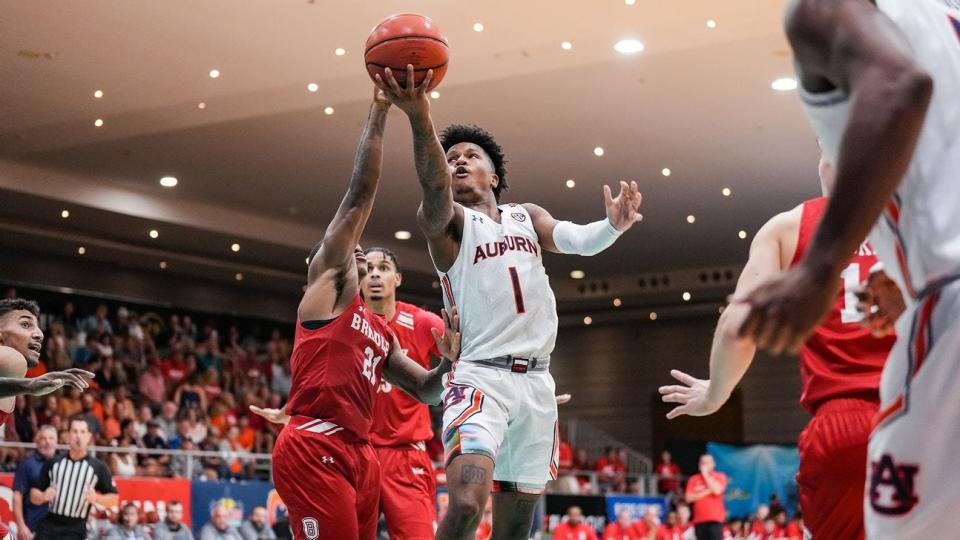 Wendell Green Jr. (1) goes up for a shot during the game between Auburn and Bradley at Hard Rock Hotel Riviera Maya in Cancun, Mexico.