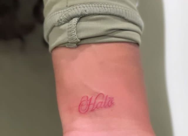 <p>halle bailey/Instagram</p> Halle Bailey's tattoo of her son Halo's name