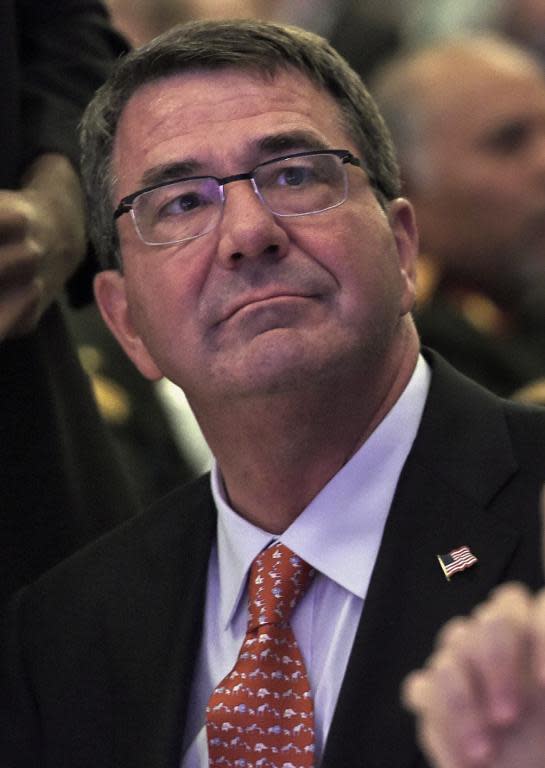 US Secretary of Defense Ashton Carter at the opening of the 14th Asia Security Summit, the International Institute for Strategic Studies Shangri-La Dialogue 2015 in Singapore on May 29, 2015