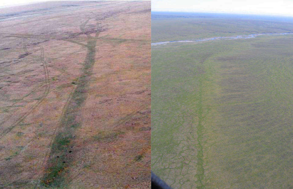 Aerial images of a seismic trail made in the winter of 1985&nbsp;in the 1002 area of the Arctic National Wildlife Refuge,&nbsp;near Simpson Cove. The image on the&nbsp;left was taken in July 1985. The image on the&nbsp;right was taken in July 2007 &mdash; 22 years after the disturbance. (Photo: US Fish and Wildlife Service)