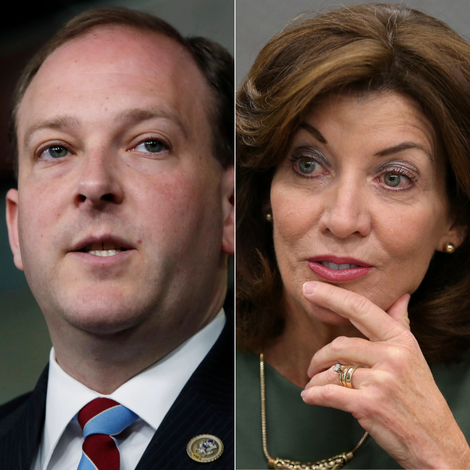 New York gubernatorial candidates Rep. Lee Zeldin, left, and Gov. Kathy Hochul. Hochul won her first full term as New York's governor on Nov. 8, 2022.