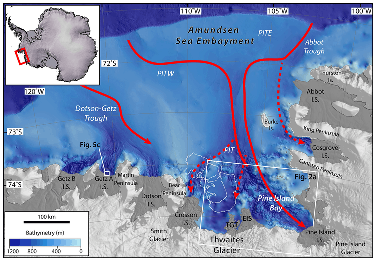 Map of the Amundsen sea basin including the Thwaites glacier.