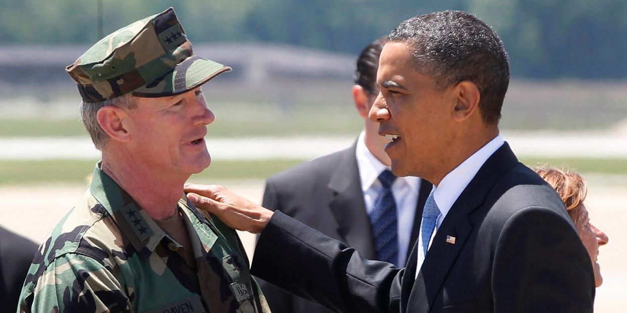 In this May 6, 2011, file photo President Barack Obama talks with U.S. Navy Vice Admiral William H. McRaven, commander of Joint Special Operations Command (JSOC), at Campbell Army Airfield in Fort Campbell, Ky., just days after McRaven led operational control of Navy SEAL Team Six's successful mission to get Osama bin Laden