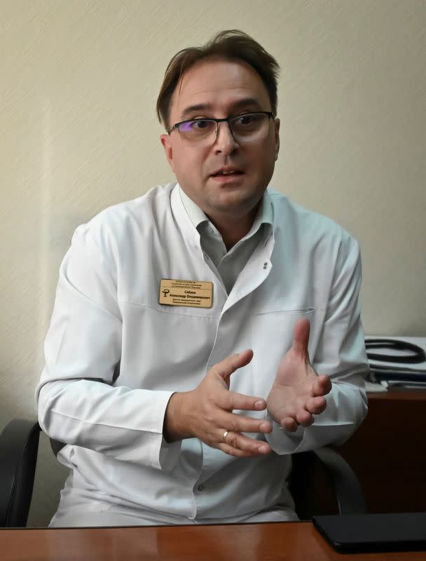 FILE PHOTO: Alexander Sabaev, the chief toxicologist of the hospital where Russian opposition leader Alexei Navalny received medical treatment before his medical evacuation to Germany, speaks during an interview in Omsk