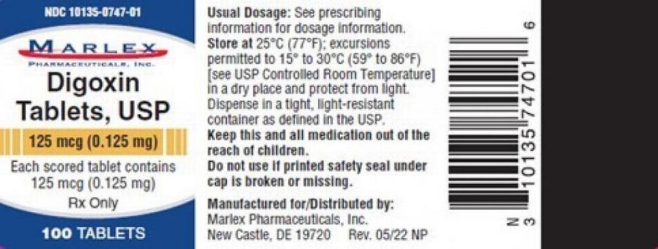 The label for Marlex Pharmaceuticals Digoxin .125 mg strength tablets.