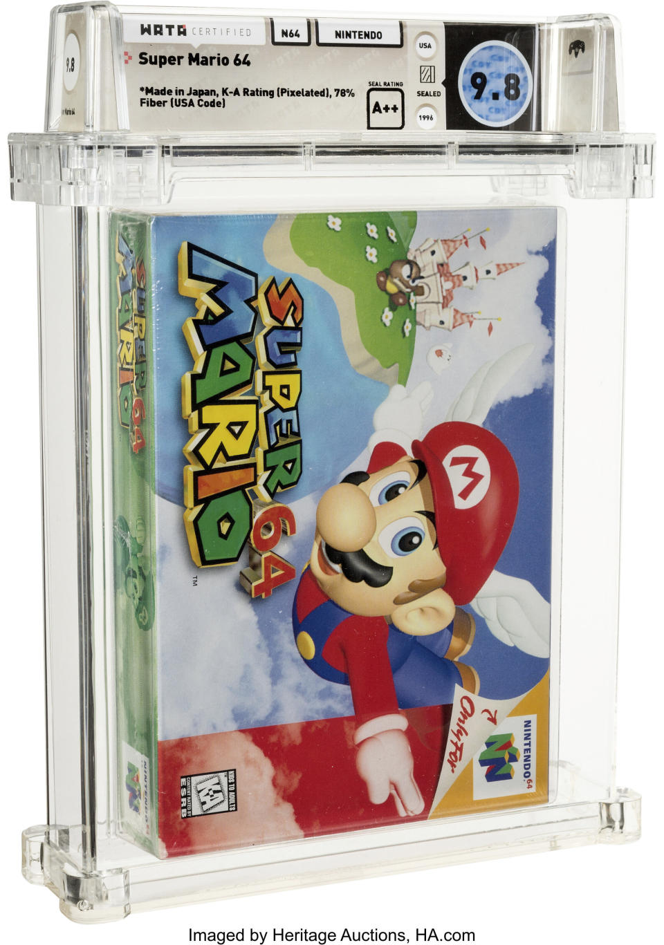 This photo provided by Heritage Auctions shows an unopened copy of Nintendo’s Super Mario 64 that has sold at auction for $1.56 million. Heritage Auctions in Dallas said that the 1996 video game sold Sunday, July 11, 2021, breaking its previous record price for the sale of a single video game. (Courtesy of Heritage Auctions via AP)