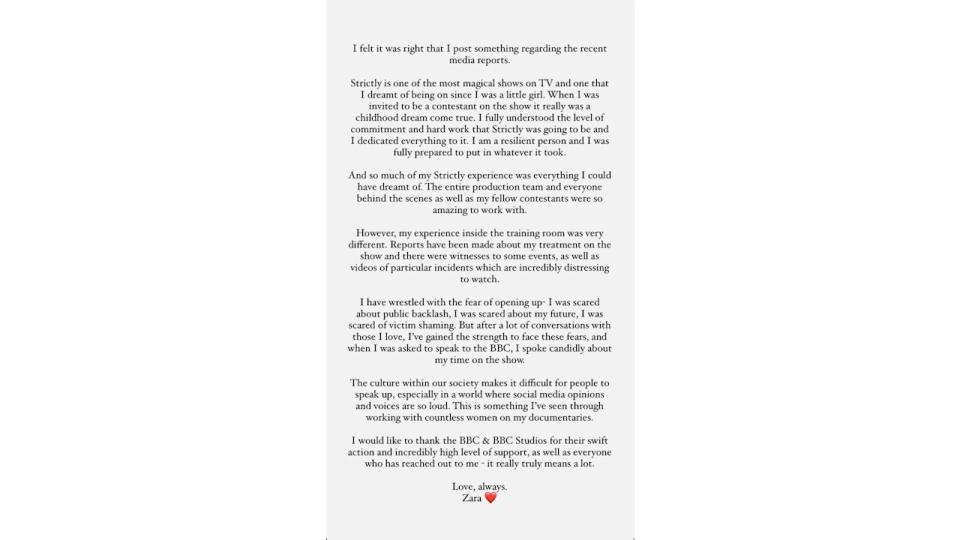 Zara McDermott's Instagram statement