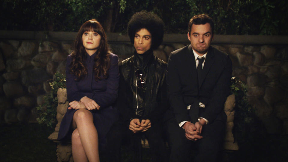 Zooey Deschanel, Jake Johnson, and Prince