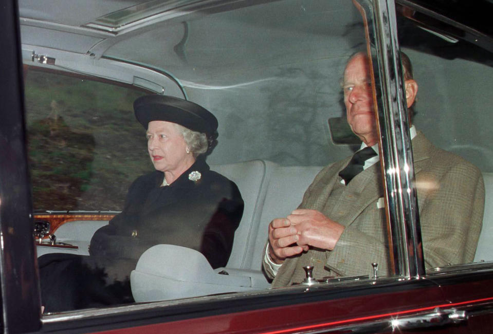 BALMORAL,  SCOTLAND - AUGUST 31:   Queen Elizabeth II and Prince Phillip, The Duke of Edinburgh  attend Crathie Kirk Church, near Balmoral Estate, Scotland, 31st Aug 1997,  the morning after the death of Diana, Princess of Wales in Paris. on August 31 1997, in Balmoral, Scotland. (Photo by Julian Parker/UK Press via Getty Images)