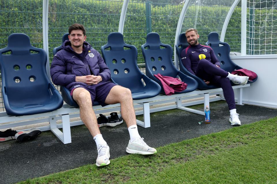Harry Maguire and Luke Shaw pictured at Tottenham’s training centre today (The FA via Getty Images)