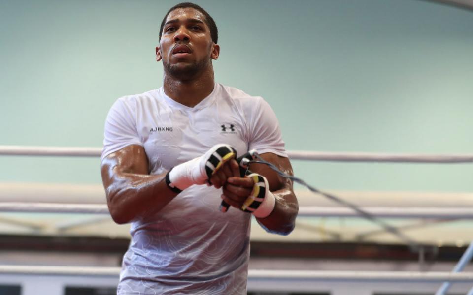 Anthony Joshua works out at the English Institute of Sport in Sheffield in preparation for his fight against Joseph Parker - PA